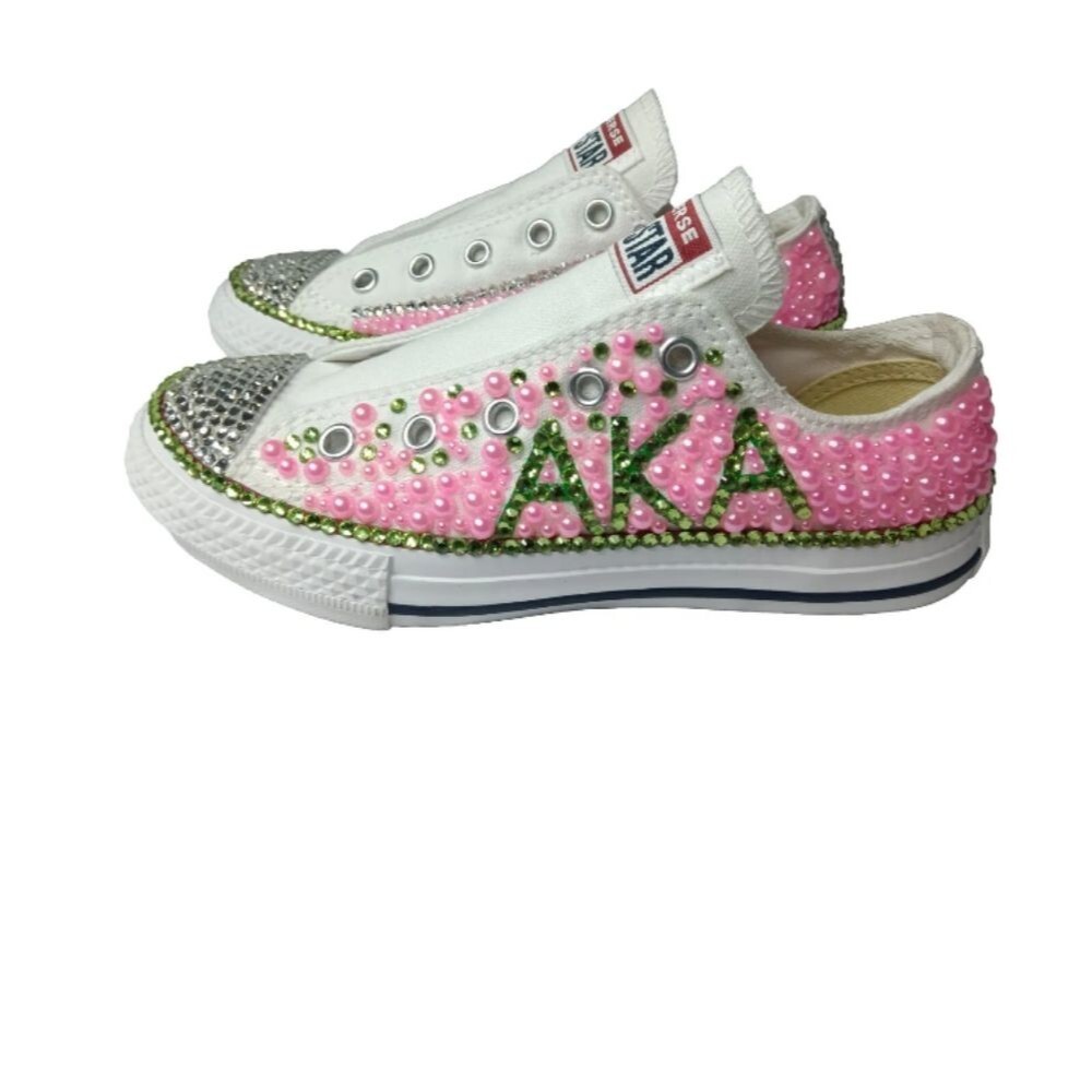 Alpha Kappa Alpha Bling Sneakers Custom Converse Beads Rhinestones Girls Size 13 - Picture 2 of 12